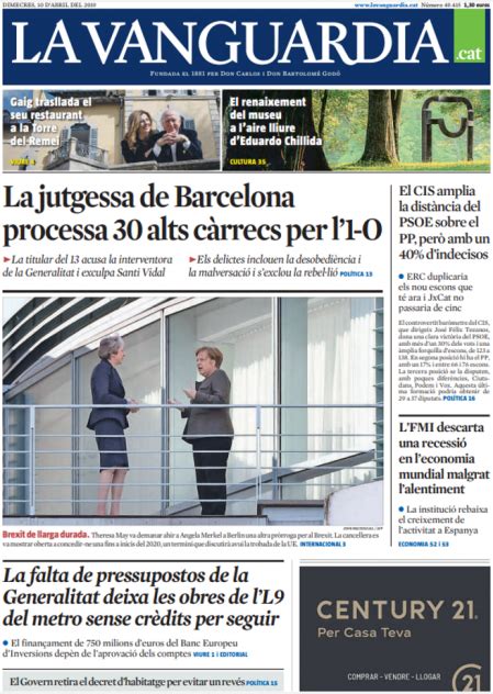 Portada de La Vanguardia en català del dimecres 10 d’abril de 2019