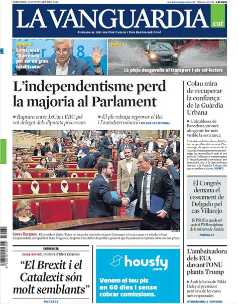 Portada de La Vanguardia en català del dimecres 10 d’octubre del 2018