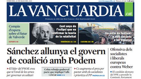 Portada de La Vanguardia en català del dimecres 29 de maig del 2019