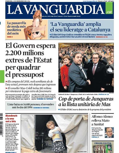 Portada de La Vanguardia en català del dimecres 3 de desembre de