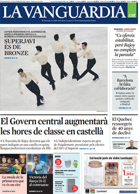 Portada de La Vanguardia en català d’aquest diumenge 18 de febrer