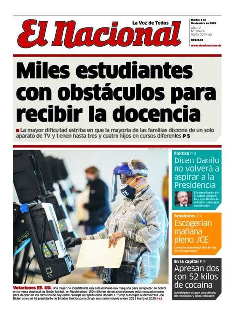 Portada Periódico El Nacional, Martes 03 de Noviembre, 2020   Dominicana.do