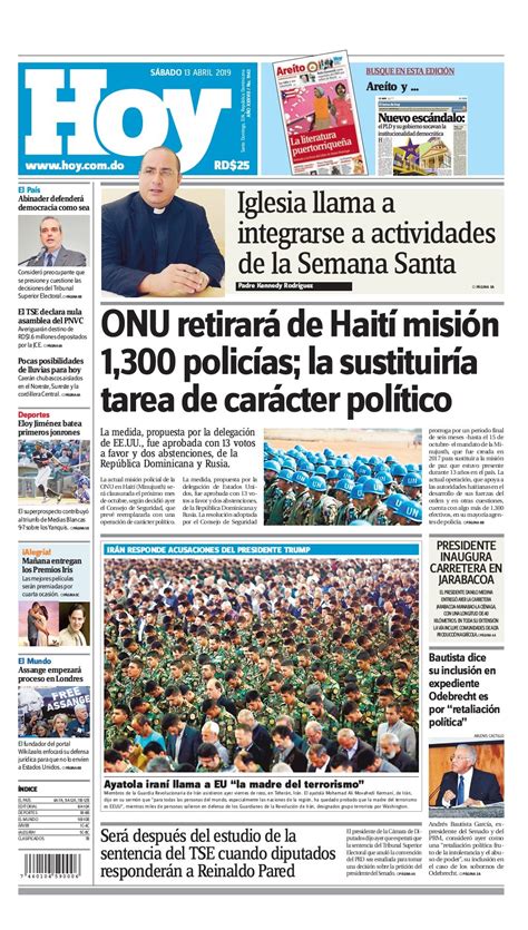 Portada Periódico Hoy, Sábado 13 Abril 2019   Dominicana.do