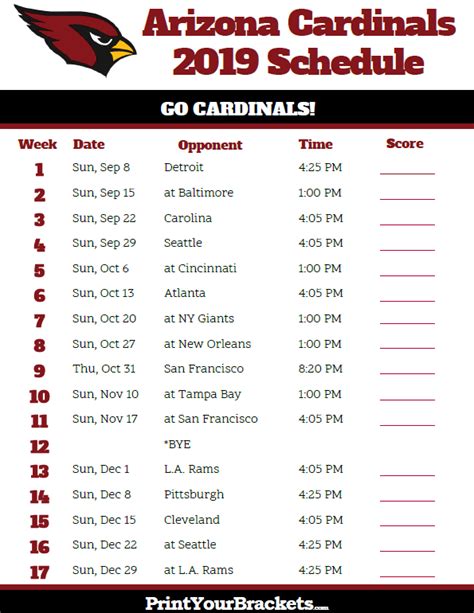 Printable Arizona Cardinals Schedule   2019 Season ...