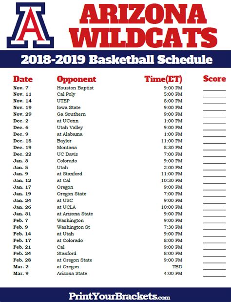 Printable Arizona Wildcats 2018 2019 Basketball Schedule