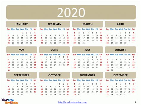 Printable calendar 2020 template   Free PowerPoint Templates