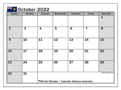 Printable October 2022 “Western Australia  SS ” Calendar   Michel ...