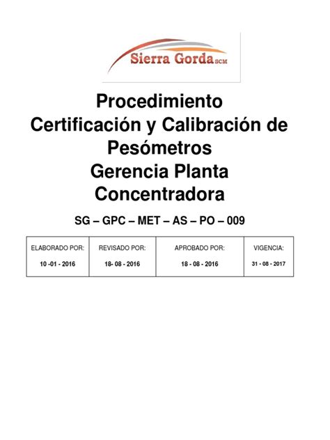 Procedimiento de Calibración y Certificacion Pesometros   Rev   1 | PDF ...