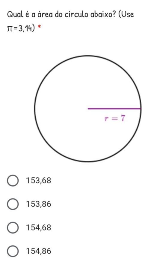 Qual é a área do círculo abaixo?  Use π=3,14  *   Brainly.com.br