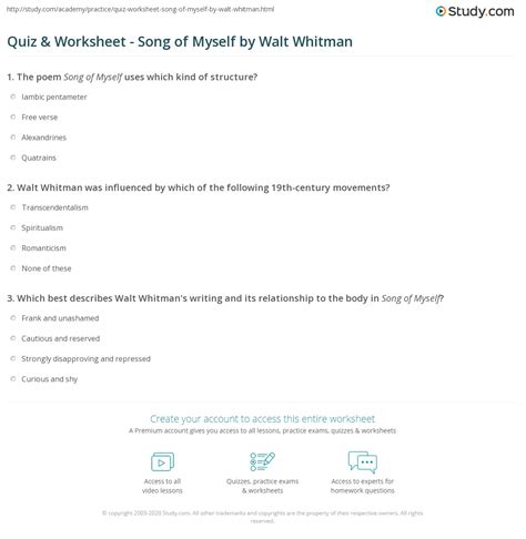 Quiz & Worksheet   Song of Myself by Walt Whitman | Study.com