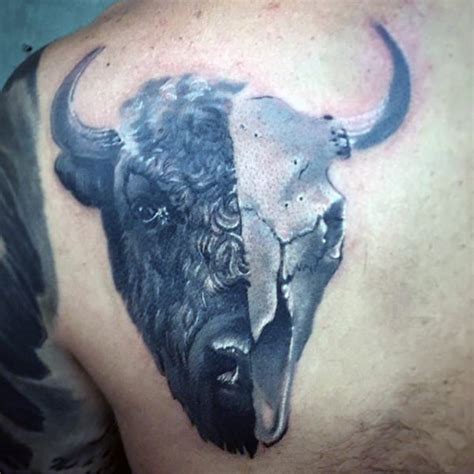 Realism style very detailed scapular tattoo of half bull ...