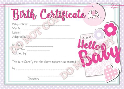 Reborn Doll Birth Certificate ~ Girl ~ Hello Baby