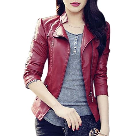 Red Faux Leather Biker Style Women Jacket