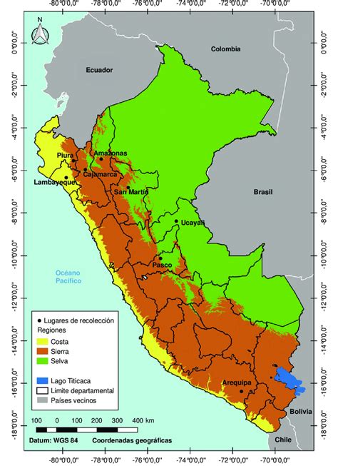 Regiones naturales de Perú. Se indican con  •  los departamentos donde ...