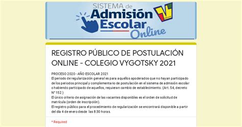 REGISTRO PÚBLICO DE POSTULACIÓN ONLINE   COLEGIO VYGOTSKY 2021
