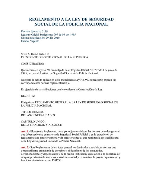 reglamento a la ley de seguridad social de la policia nacional