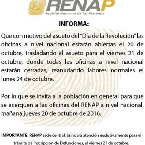 Renap trasladará el asueto del  Día de la Revolución  para el viernes ...