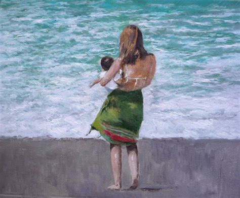 Retrato de una madre con su hijo contemplando el mar