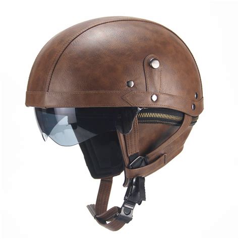 Retro PU Motorcycle Half Helmet Open Face With Visor ...