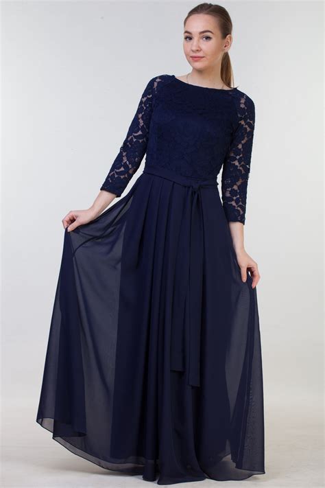 Rosalynn Navy Blue Lace Modest Prom Dress with Sleeves