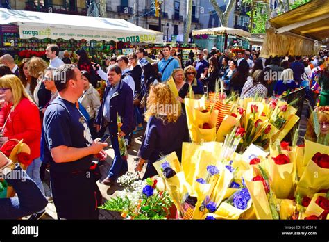 Roses. Sant Jordi´s day, celebrated on 23 April. La Rambla Stock Photo ...