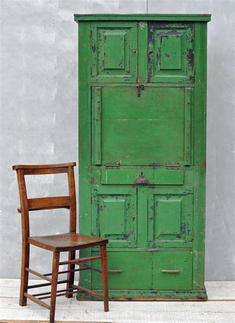 Rustic Vintage Bureau Tall Cabinet Original Green Paintwork
