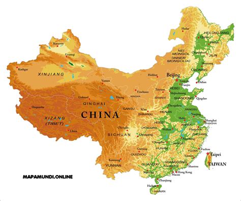 ⊛ Mapa de China · Político & Físico Imprimir | Colorear | Grandes