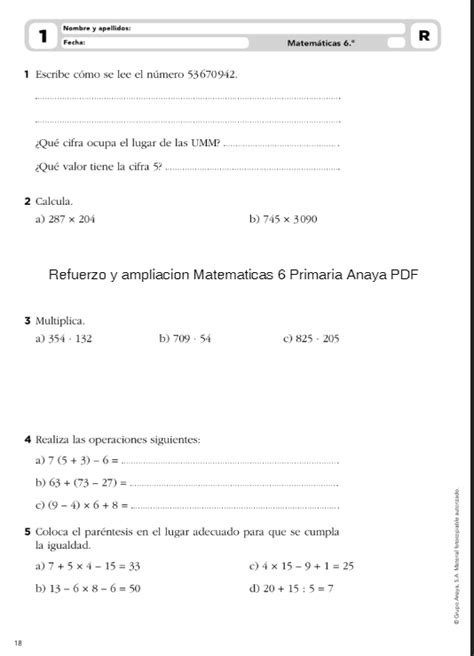 【 Refuerzo y Ampliacion Matematicas 6 Primaria Anaya 】PDF