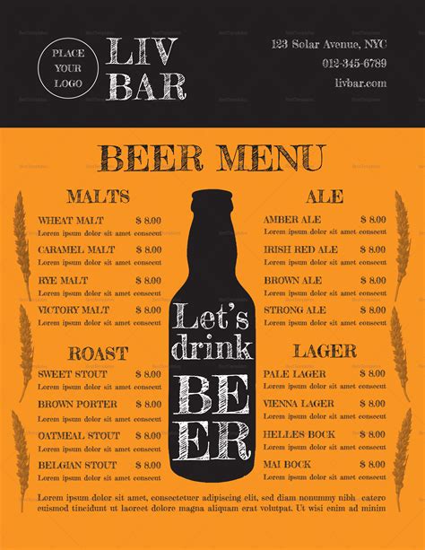 Sample Beer Menu Design Template in PSD, Word, Publisher ...