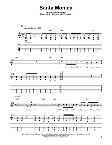 Santa Monica sheet music by Everclear  Easy Guitar Tab ...