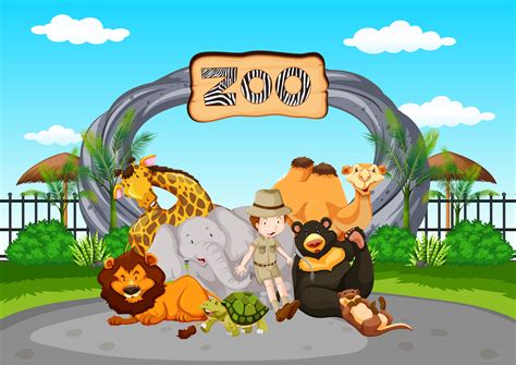 Scene at the zoo with zookeeper and animals 298979 Vector Art at Vecteezy