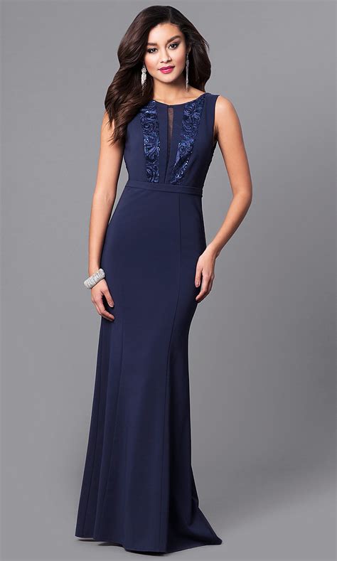 Sequined Lace Bodice Navy Blue Prom Dress   PromGirl