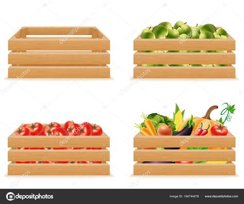 Set caja de madera con dibujo de vectores de verduras ...
