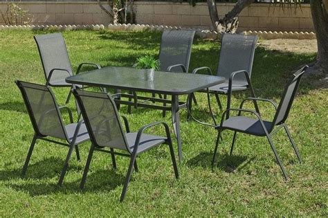 Set de jardín gris: mesa rectangular 150 x 90 cm + 4 sillones de acero ...