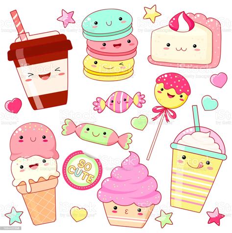 Set Of Cute Sweet Icons In Kawaii Style Stock Illustration ...