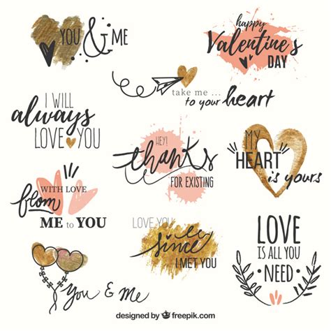 Set of love phrases with watercolor hearts | Free Vector