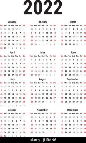 Simple calendario del año 2022, la semana comienza en domingo Imagen ...