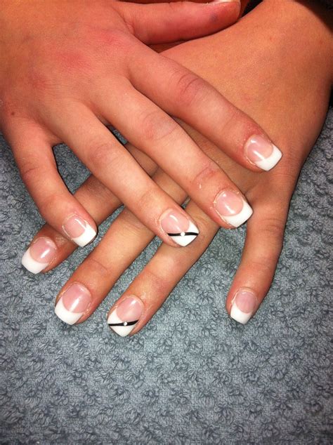 Simple & elegant white French with black line & gemstone! | Gel nails ...