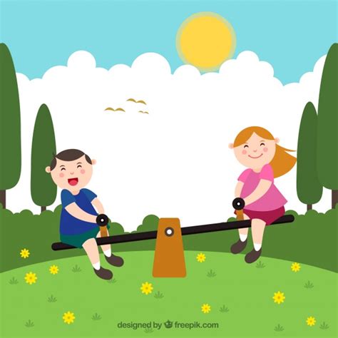 Smiling kids playing on a seesaw Vector | Free Download