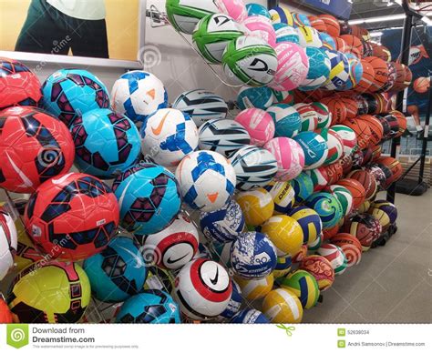 Soccer balls in store editorial stock image. Image of blue ...
