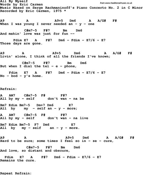 Song Lyrics with guitar chords for All By Myself   Eric ...