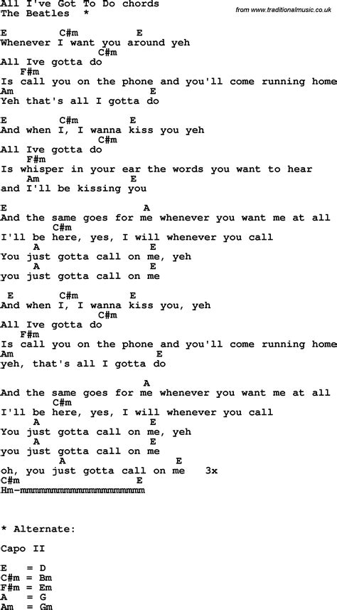 Song lyrics with guitar chords for All I Got To Do