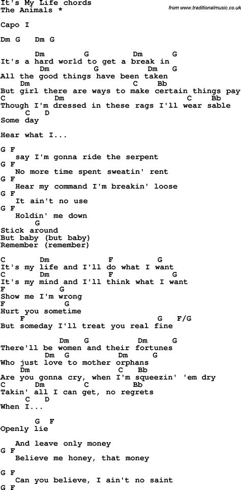 Song lyrics with guitar chords for It s My Life