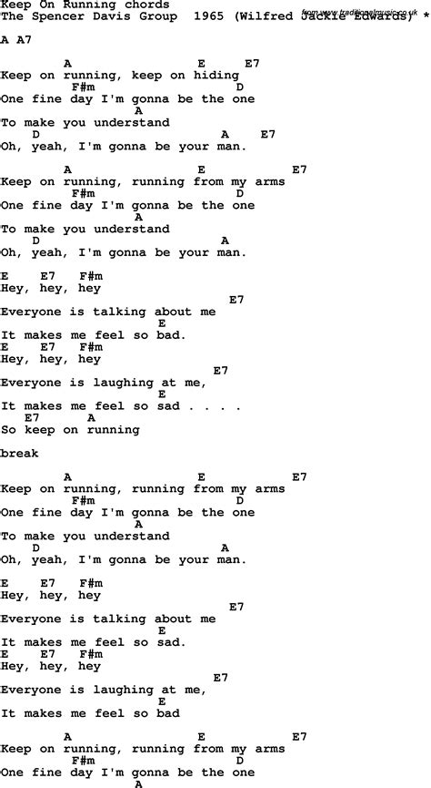 Song lyrics with guitar chords for Keep On Running