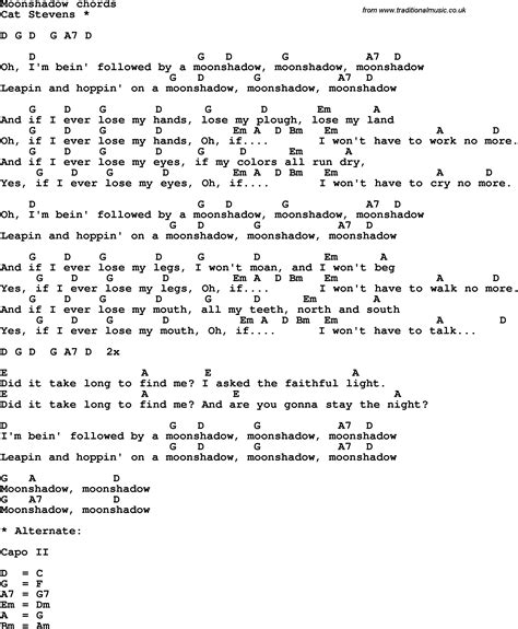 Song lyrics with guitar chords for Moon Shadow