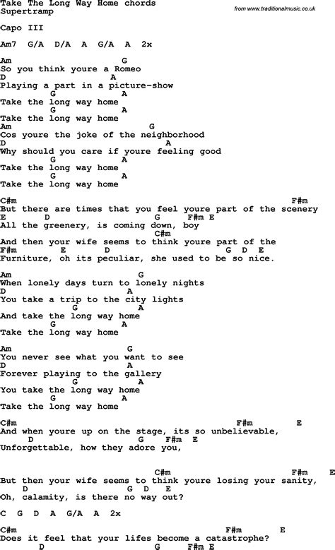 Song lyrics with guitar chords for Take The Long Way Home