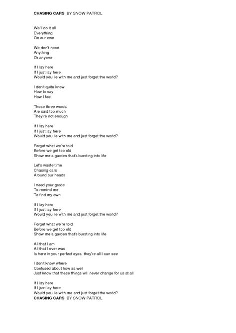 Song Worksheet: Chasing Cars by Snow Patrol