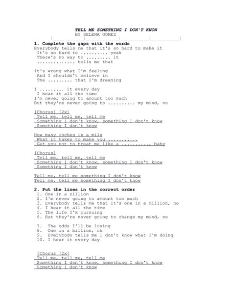 Song Worksheet: Tell Me Something I Don t Know by Selena Gomez