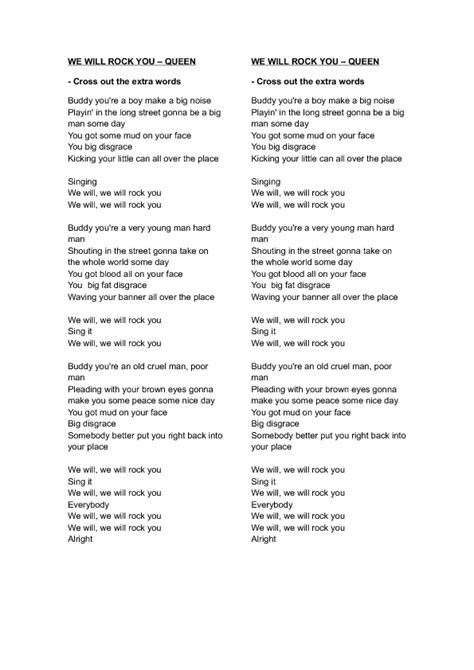 Song Worksheet: We Will Rock You by Queen