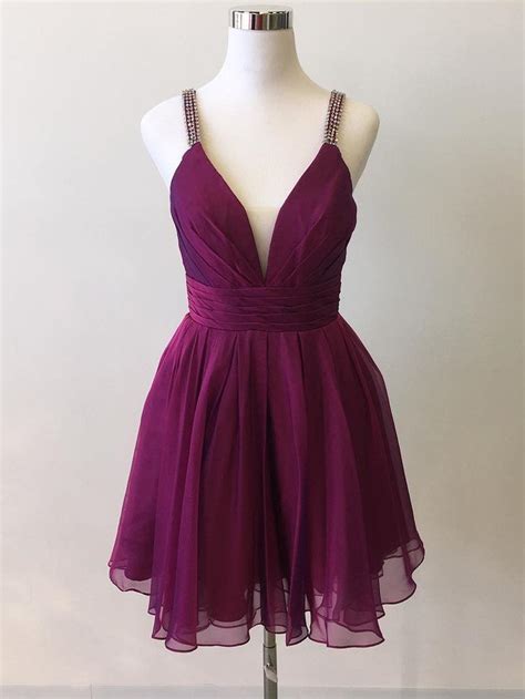 Spaghetti Strap V Neck Purple Homecoming Dresses Short Chiffon Hoco ...
